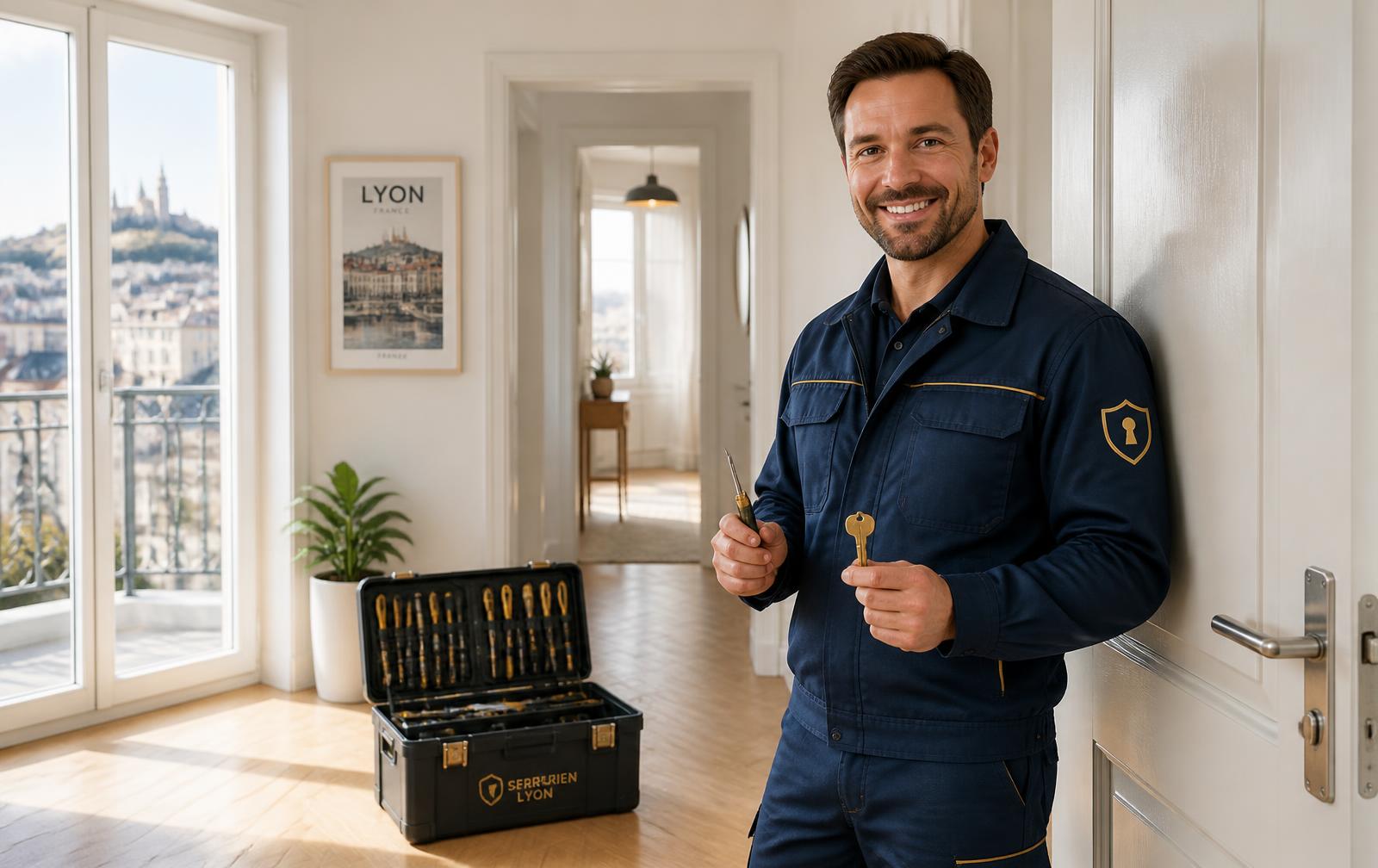 Serrurier professionnel souriant en uniforme Maître Serrurier Lyon 1, prêt à intervenir